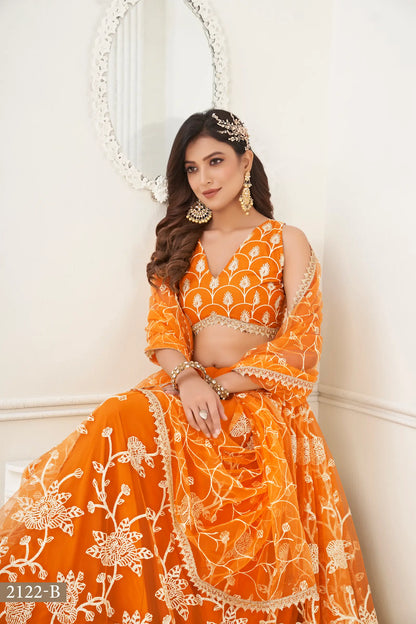 Orange Net Lehenga Choli With White Cotton Thread Work, Zari Work & Sequence Work