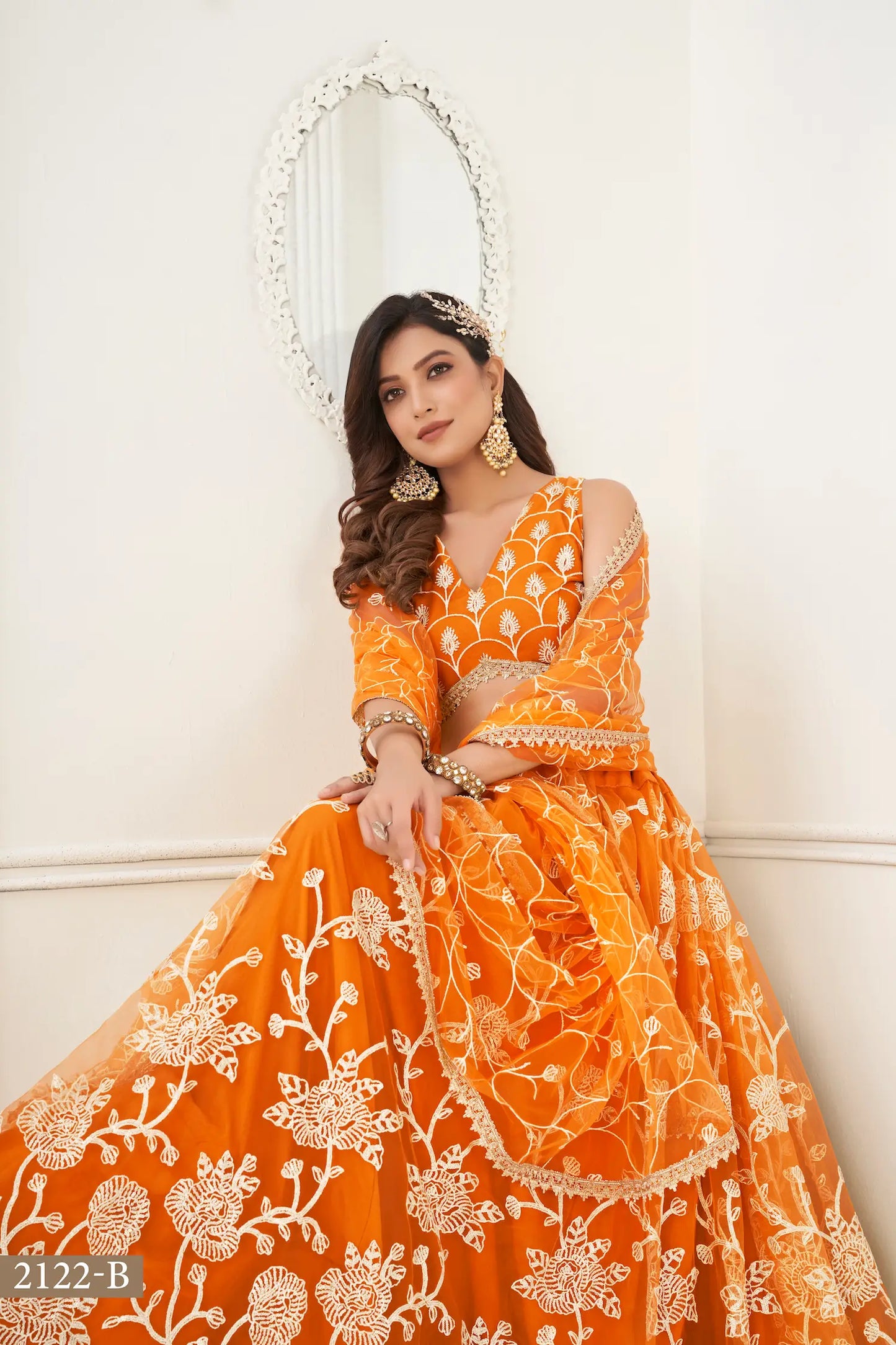 Orange Net Lehenga Choli With White Cotton Thread Work, Zari Work & Sequence Work