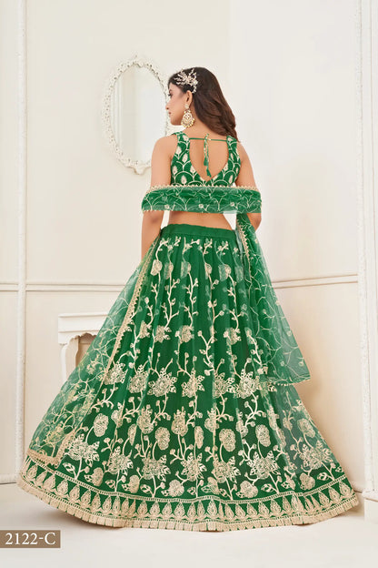 Green Net Lehenga Choli With White Cotton Thread Work, Zari Work & Sequence Work