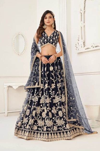 Black Net Lehenga Choli With White Cotton Thread Work, Zari Work & Sequence Work