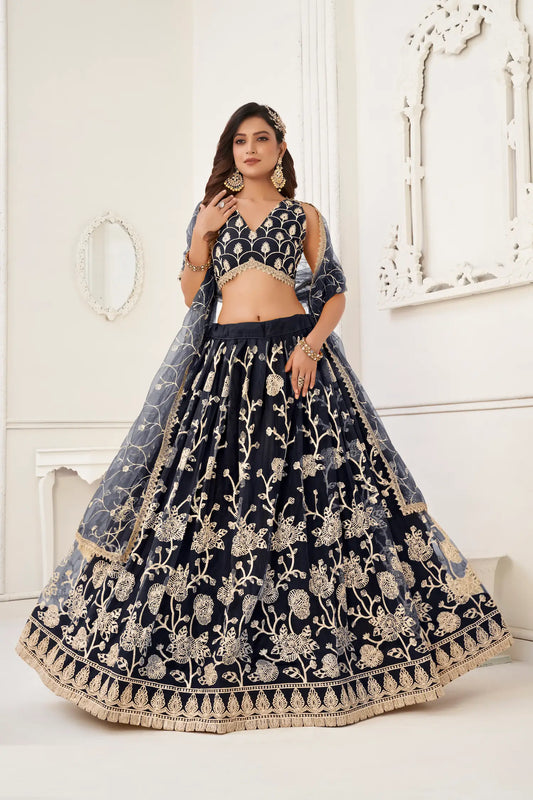 Black Net Lehenga Choli With White Cotton Thread Work, Zari Work & Sequence Work