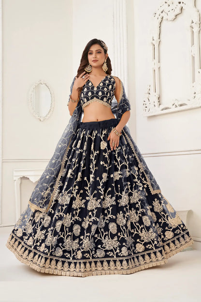 Black Net Lehenga Choli With White Cotton Thread Work, Zari Work & Sequence Work