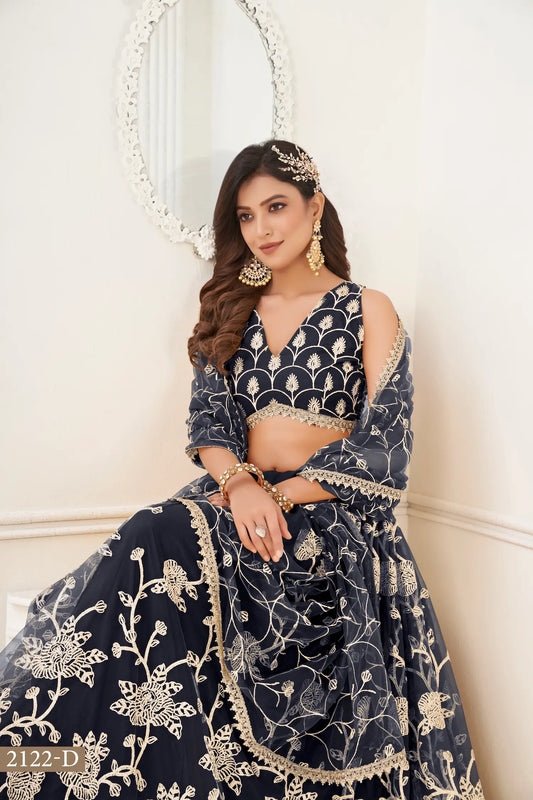 Black Net Lehenga Choli With White Cotton Thread Work, Zari Work & Sequence Work