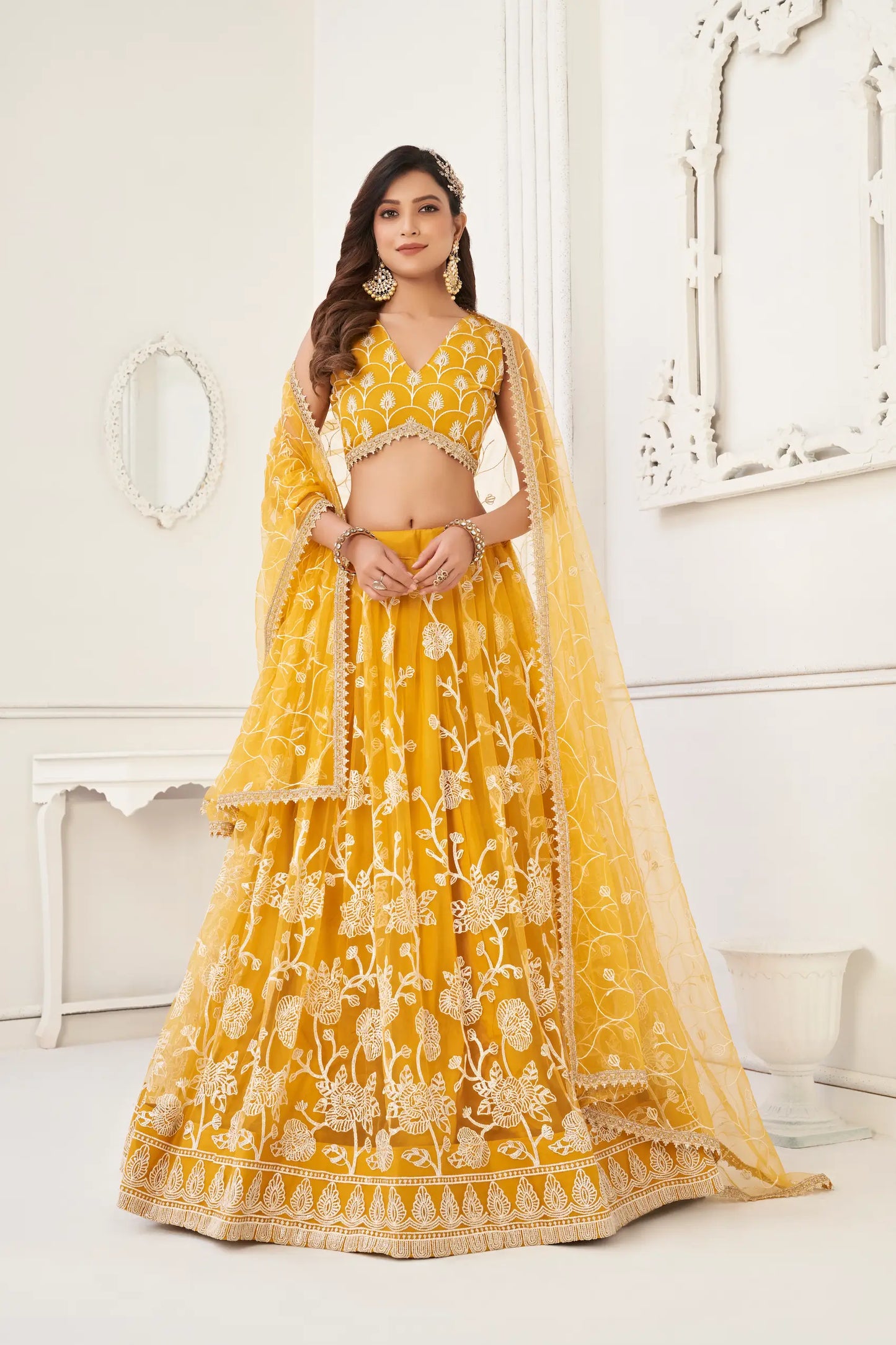 Yellow Net Lehenga Choli With White Cotton Thread Work, Zari Work & Sequence Work
