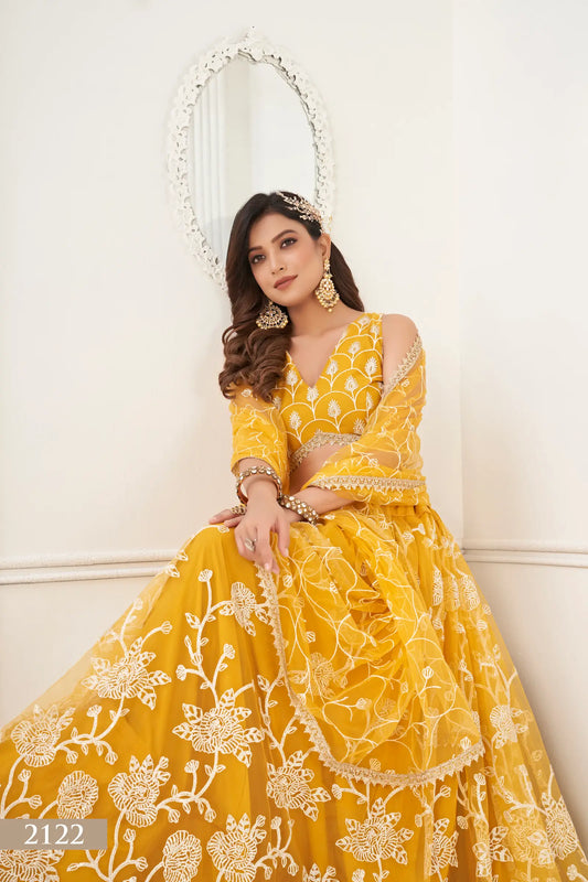 Yellow Net Lehenga Choli With White Cotton Thread Work, Zari Work & Sequence Work