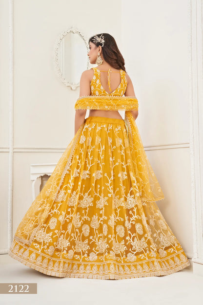 Yellow Net Lehenga Choli With White Cotton Thread Work, Zari Work & Sequence Work