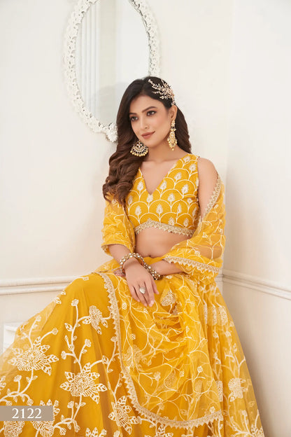 Yellow Net Lehenga Choli With White Cotton Thread Work, Zari Work & Sequence Work