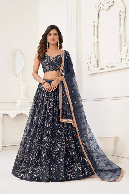 Black Net Lehenga Choli With Thread Work, Mirror Work & Sequence Embroidery Work