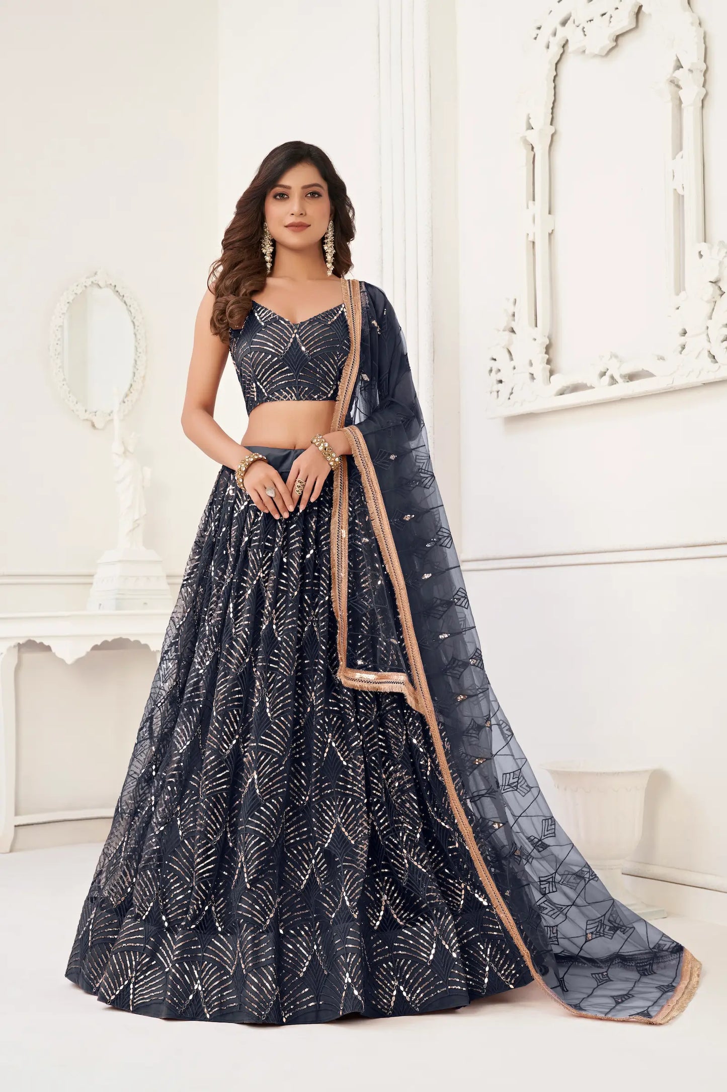 Black Net Lehenga Choli With Thread Work, Mirror Work & Sequence Embroidery Work