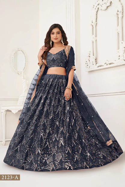 Black Net Lehenga Choli With Thread Work, Mirror Work & Sequence Embroidery Work