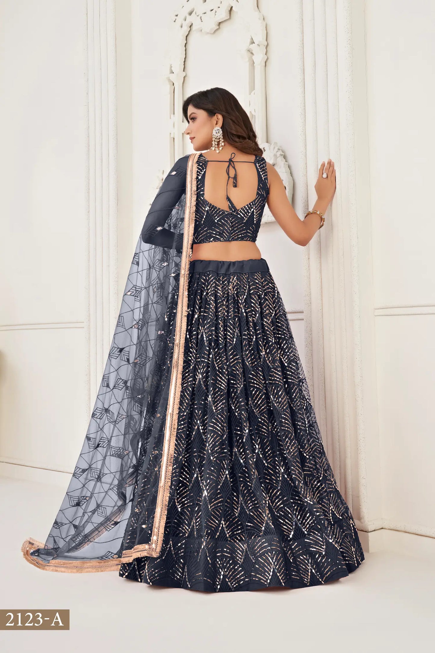 Black Net Lehenga Choli With Thread Work, Mirror Work & Sequence Embroidery Work