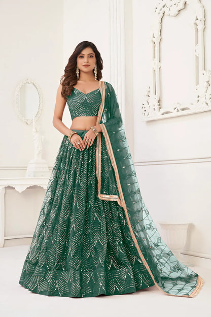 Bottle Green Net Lehenga Choli With Thread Work, Mirror Work & Sequence Embroidery Work