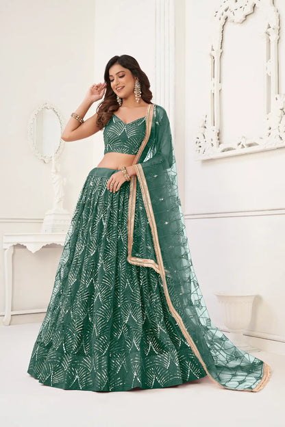 Bottle Green Net Lehenga Choli With Thread Work, Mirror Work & Sequence Embroidery Work