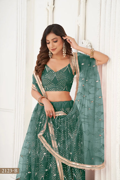Bottle Green Net Lehenga Choli With Thread Work, Mirror Work & Sequence Embroidery Work