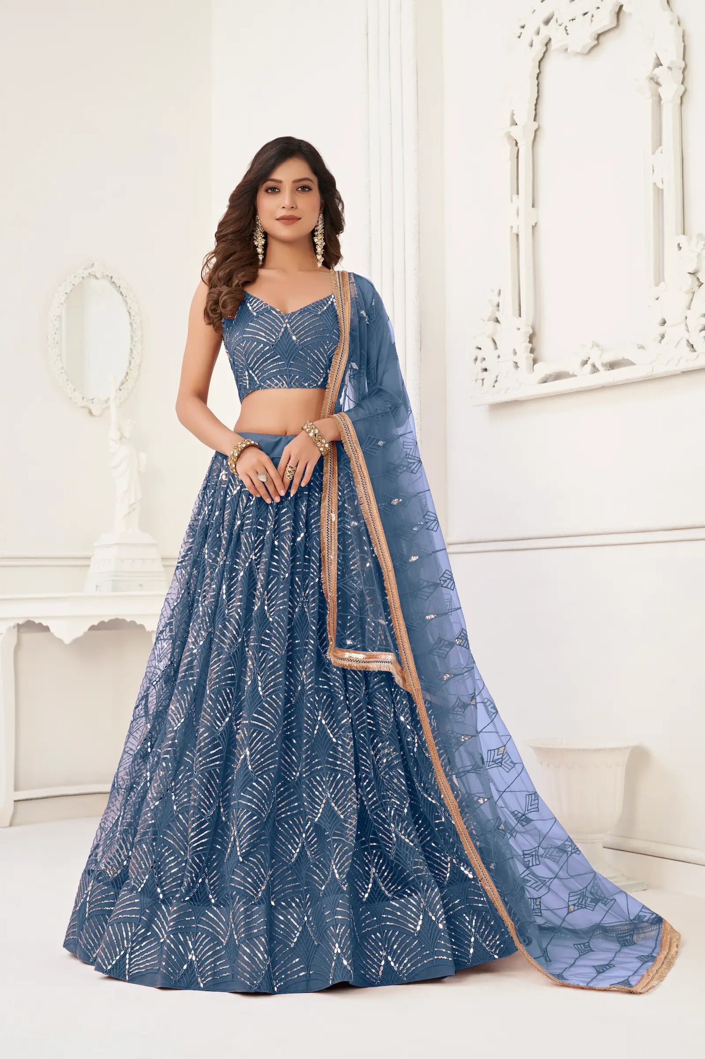 Teal Blue Net Lehenga Choli With Thread Work, Mirror Work & Sequence Embroidery Work