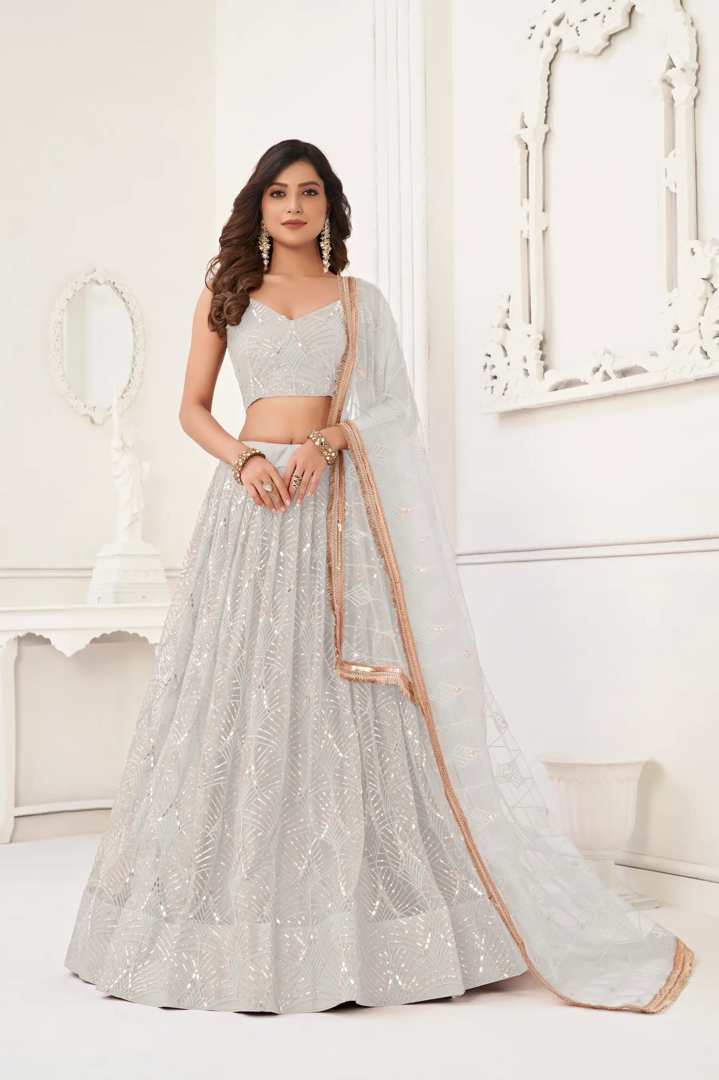 Off White Net Lehenga Choli With Thread Work, Mirror Work & Sequence Embroidery Work