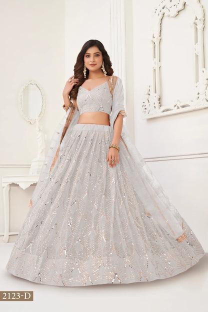 Off White Net Lehenga Choli With Thread Work, Mirror Work & Sequence Embroidery Work