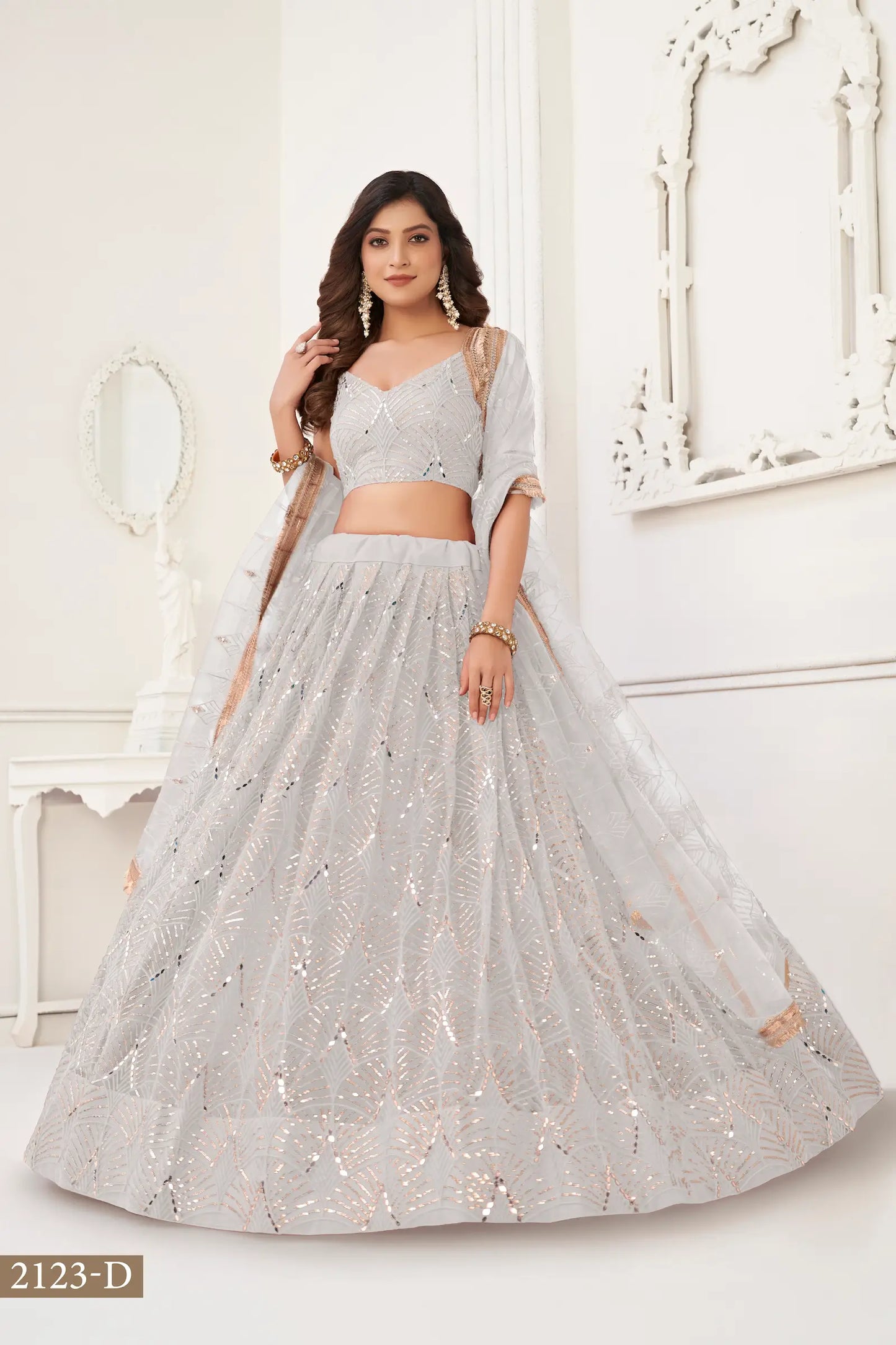 Off White Net Lehenga Choli With Thread Work, Mirror Work & Sequence Embroidery Work