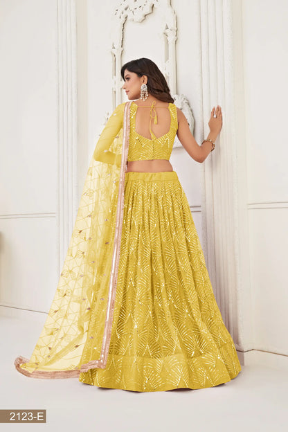 Yellow Net Lehenga Choli With Thread Work, Mirror Work & Sequence Embroidery Work