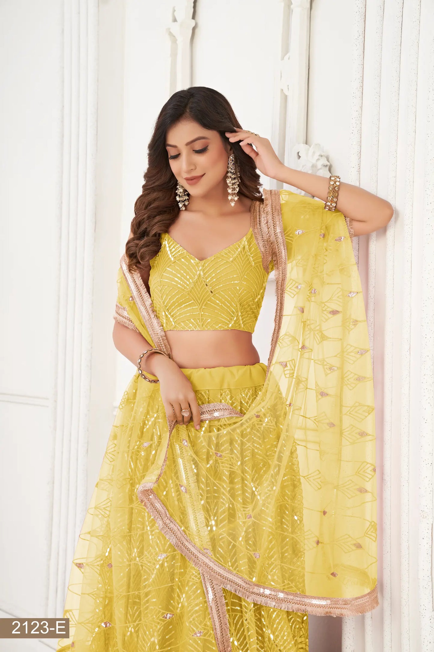 Yellow Net Lehenga Choli With Thread Work, Mirror Work & Sequence Embroidery Work
