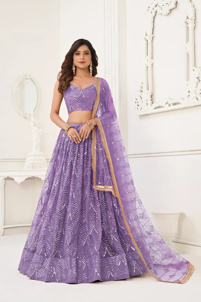 Lavender Net Lehenga Choli With Thread Work, Mirror Work & Sequence Embroidery Work