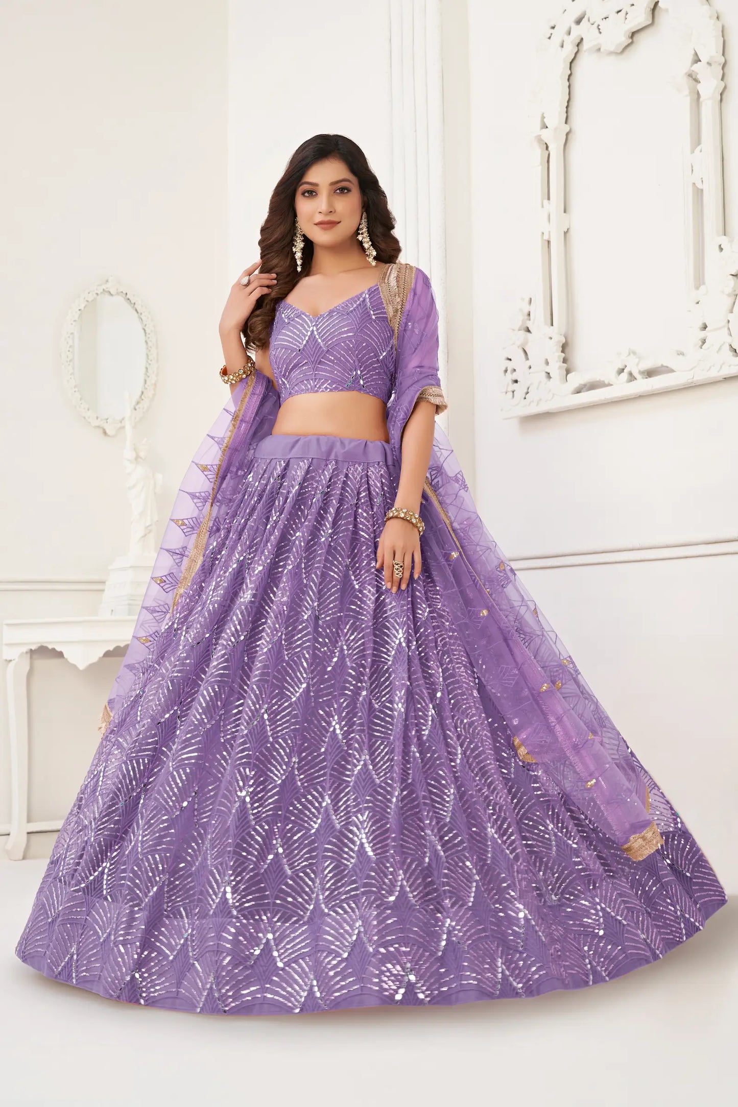 Lavender Net Lehenga Choli With Thread Work, Mirror Work & Sequence Embroidery Work