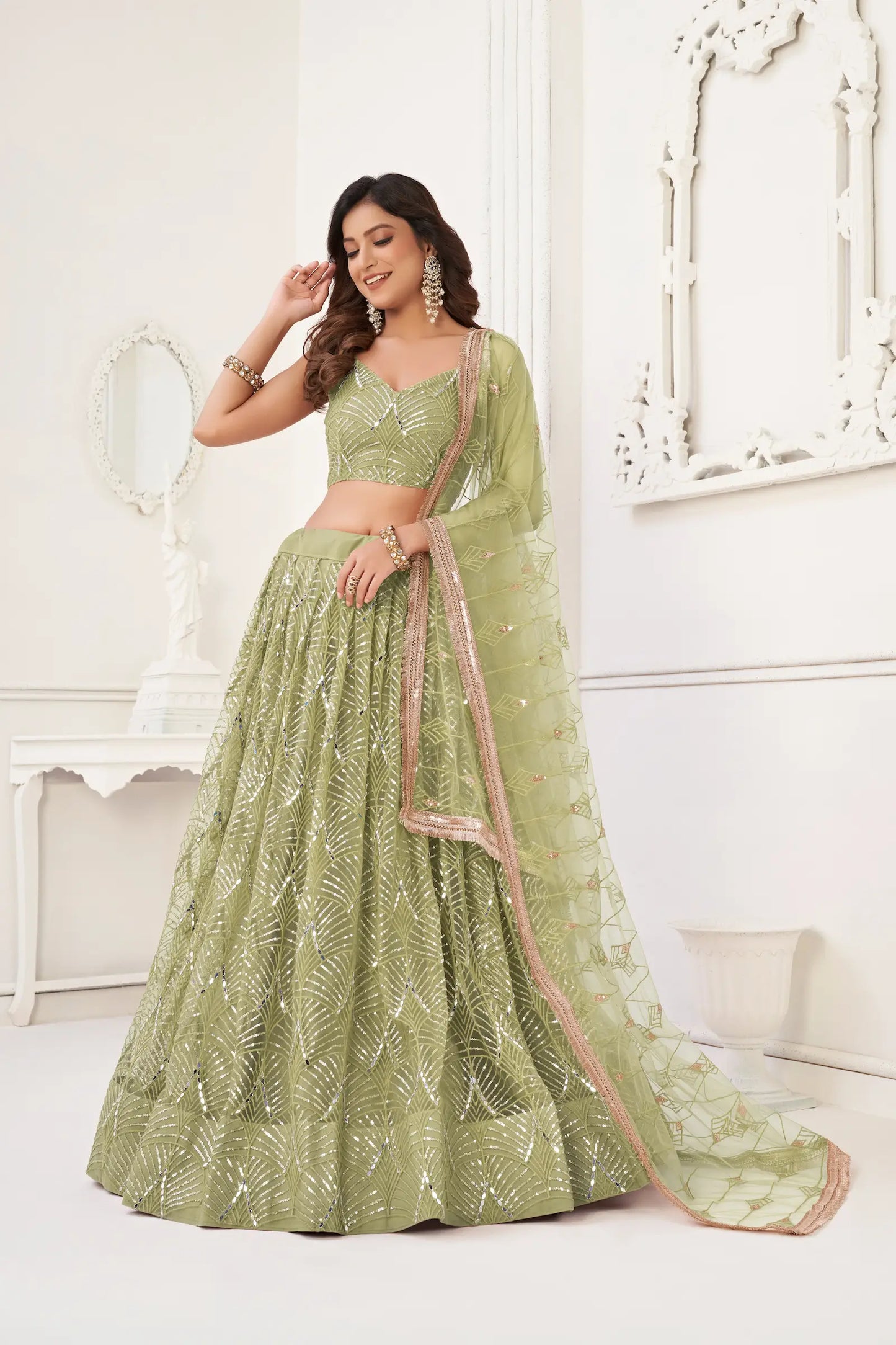 Pista Green Net Lehenga Choli With Thread Work, Mirror Work & Sequence Embroidery Work