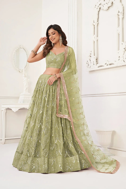 Pista Green Net Lehenga Choli With Thread Work, Mirror Work & Sequence Embroidery Work