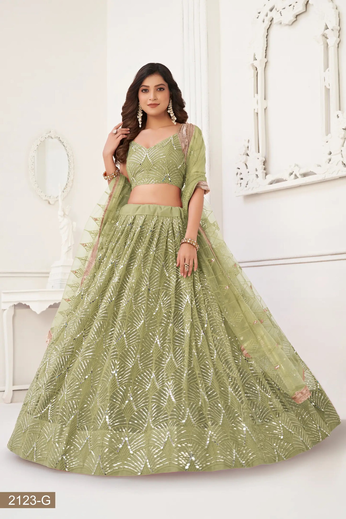 Pista Green Net Lehenga Choli With Thread Work, Mirror Work & Sequence Embroidery Work
