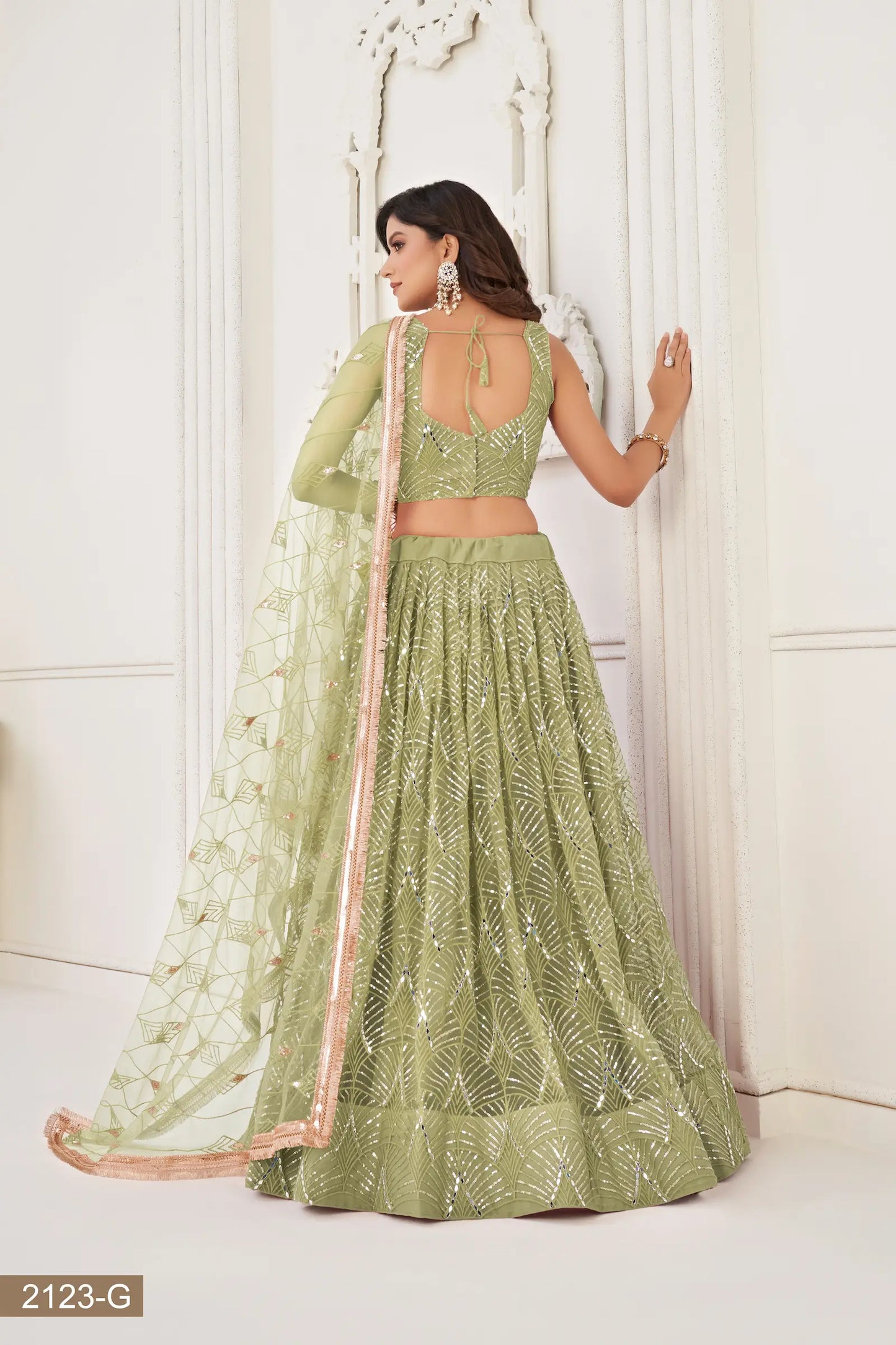 Pista Green Net Lehenga Choli With Thread Work, Mirror Work & Sequence Embroidery Work