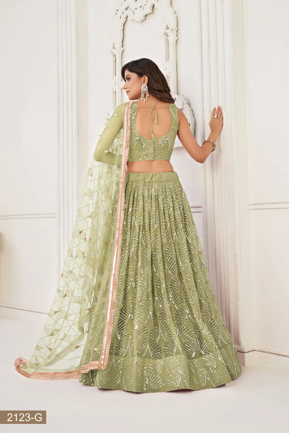 Pista Green Net Lehenga Choli With Thread Work, Mirror Work & Sequence Embroidery Work