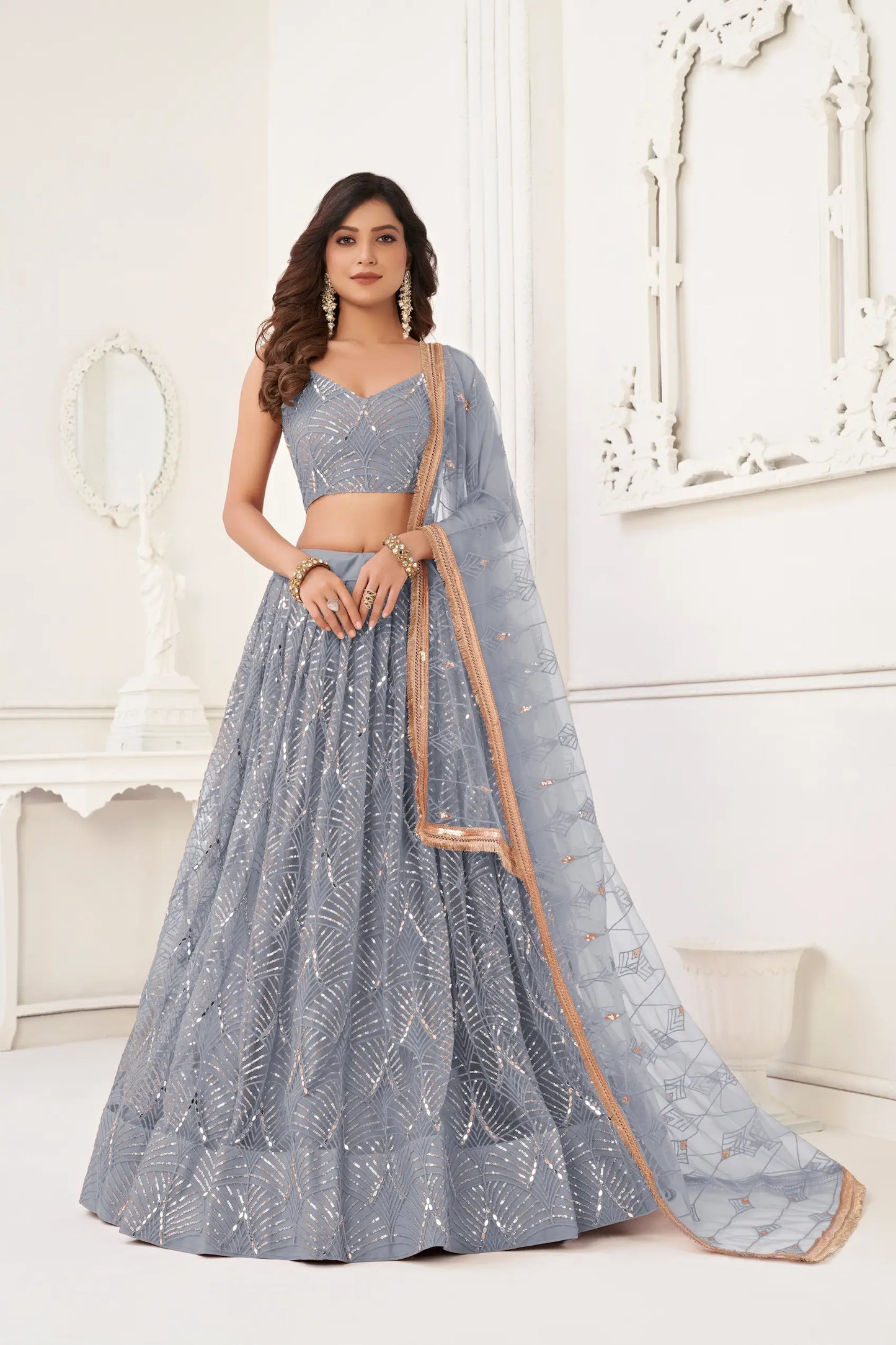 Light Grey Net Lehenga Choli With Thread Work, Mirror Work & Sequence Embroidery Work
