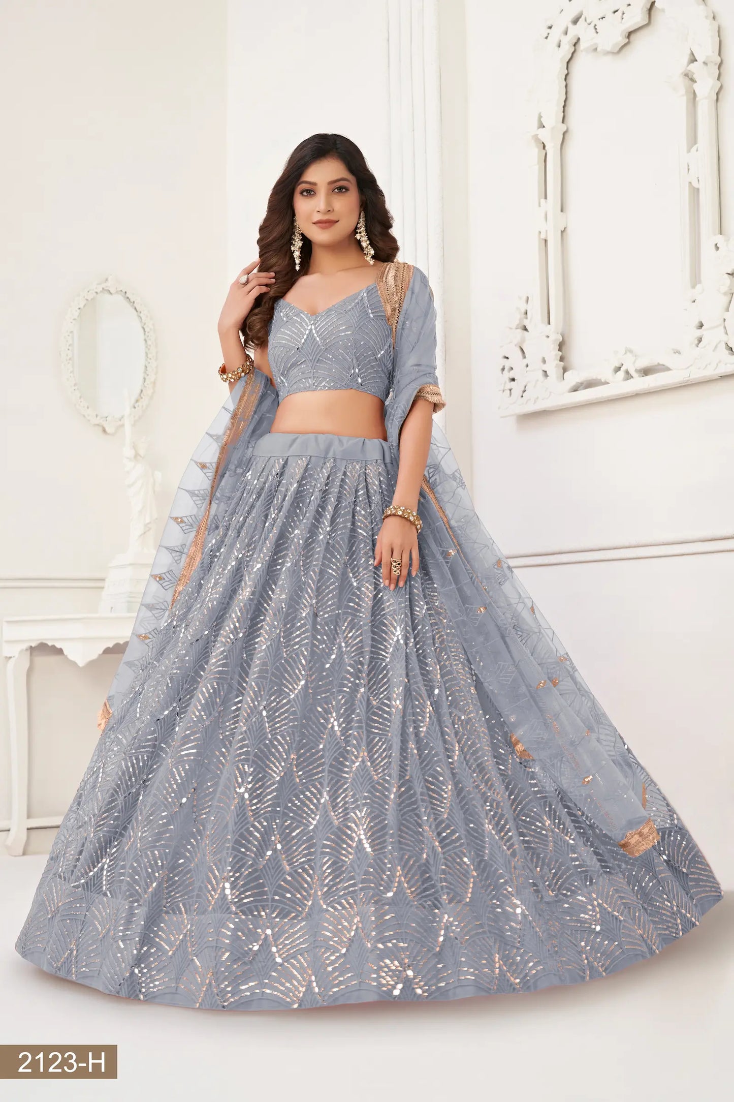 Light Grey Net Lehenga Choli With Thread Work, Mirror Work & Sequence Embroidery Work