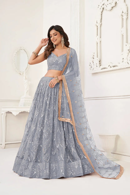 Light Grey Net Lehenga Choli With Thread Work, Mirror Work & Sequence Embroidery Work