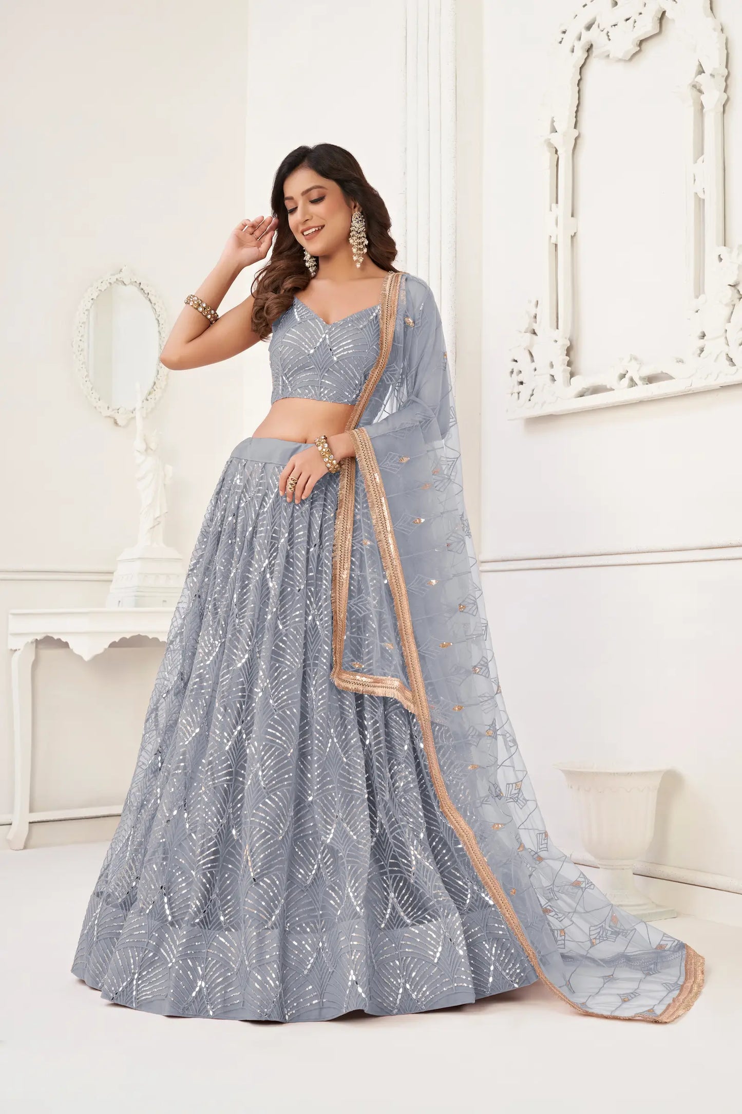 Light Grey Net Lehenga Choli With Thread Work, Mirror Work & Sequence Embroidery Work