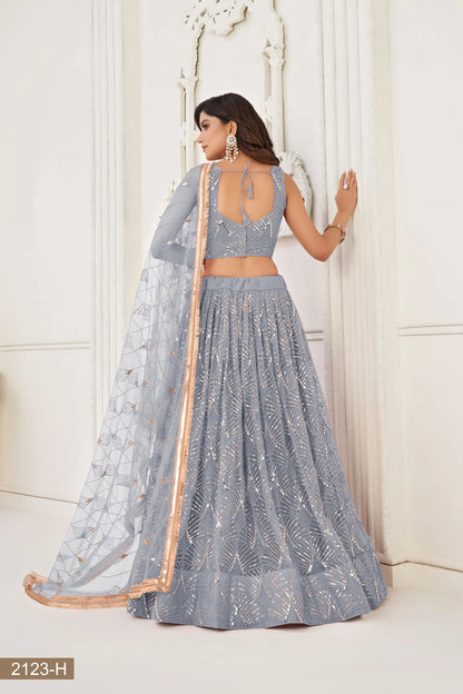 Light Grey Net Lehenga Choli With Thread Work, Mirror Work & Sequence Embroidery Work