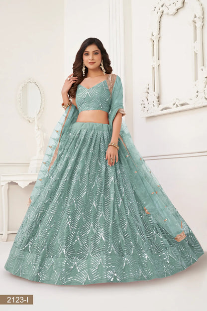 Ocean Blue Net Lehenga Choli With Thread Work, Mirror Work & Sequence Embroidery Work