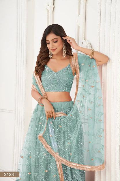 Ocean Blue Net Lehenga Choli With Thread Work, Mirror Work & Sequence Embroidery Work
