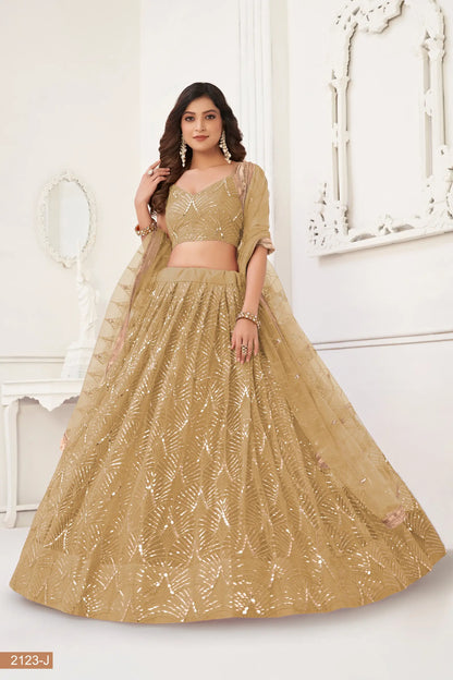 Dark Beige Net Lehenga Choli With Thread Work, Mirror Work & Sequence Embroidery Work