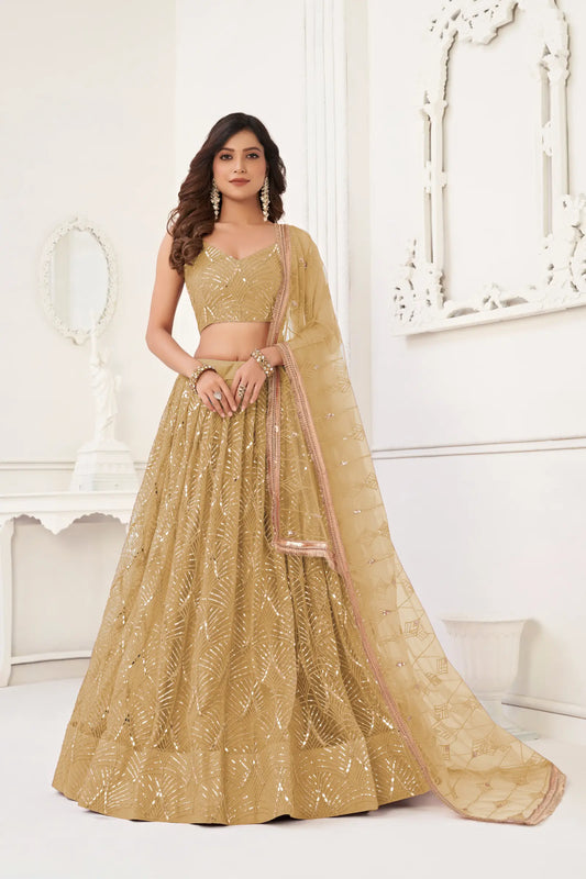 Dark Beige Net Lehenga Choli With Thread Work, Mirror Work & Sequence Embroidery Work