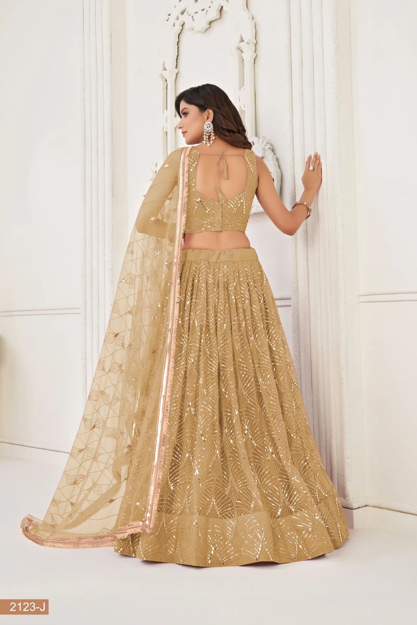 Dark Beige Net Lehenga Choli With Thread Work, Mirror Work & Sequence Embroidery Work