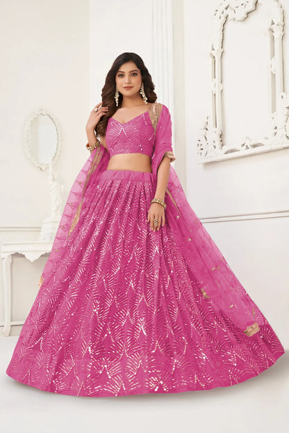 Pink Net Lehenga Choli With Thread Work, Mirror Work & Sequence Embroidery Work