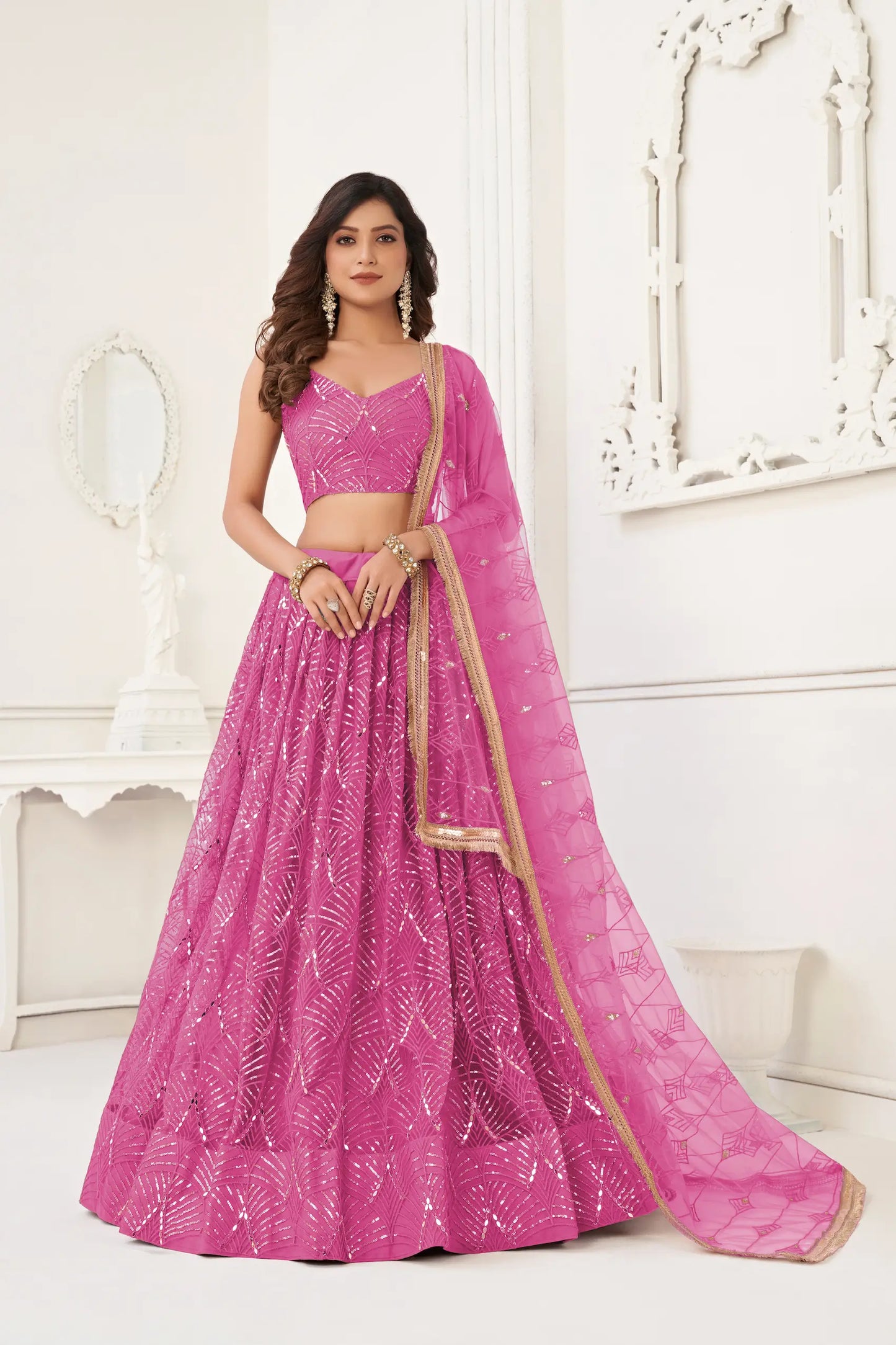 Pink Net Lehenga Choli With Thread Work, Mirror Work & Sequence Embroidery Work