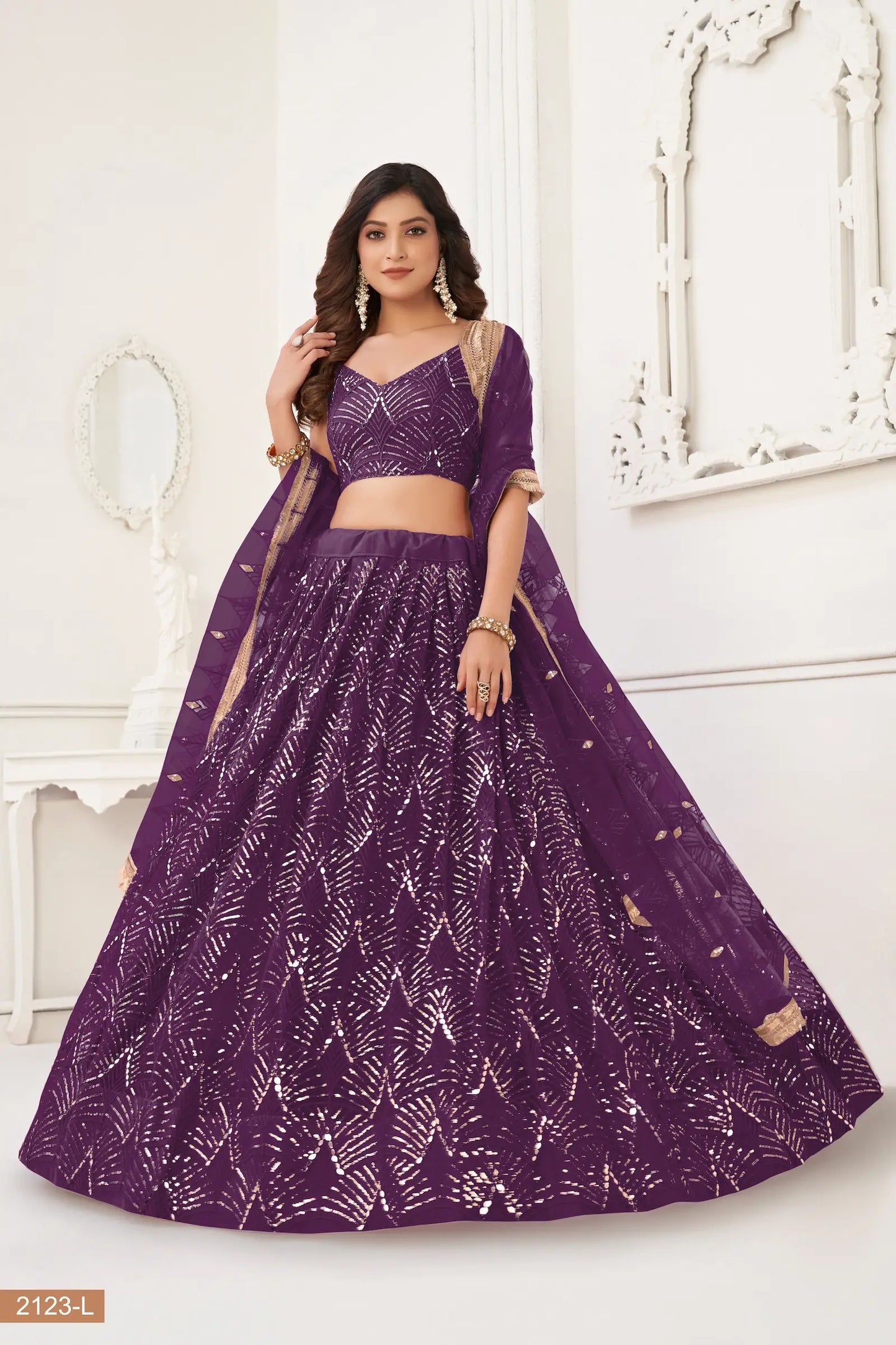Wine Net Lehenga Choli With Thread Work, Mirror Work & Sequence Embroidery Work