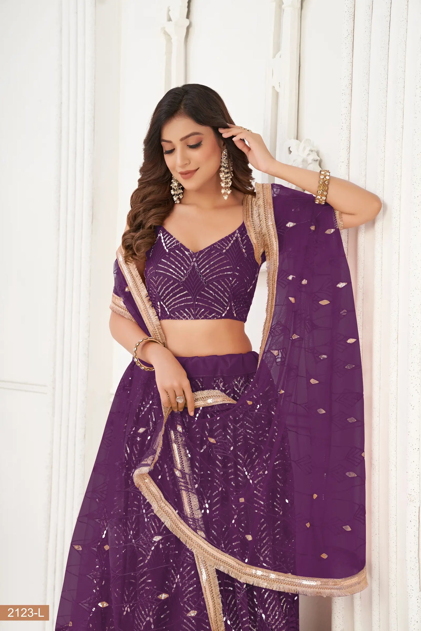Wine Net Lehenga Choli With Thread Work, Mirror Work & Sequence Embroidery Work