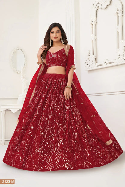 Maroon Net Lehenga Choli With Thread Work, Mirror Work & Sequence Embroidery Work