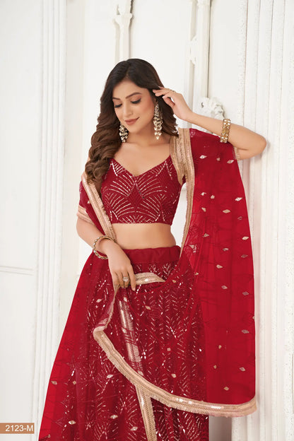 Maroon Net Lehenga Choli With Thread Work, Mirror Work & Sequence Embroidery Work