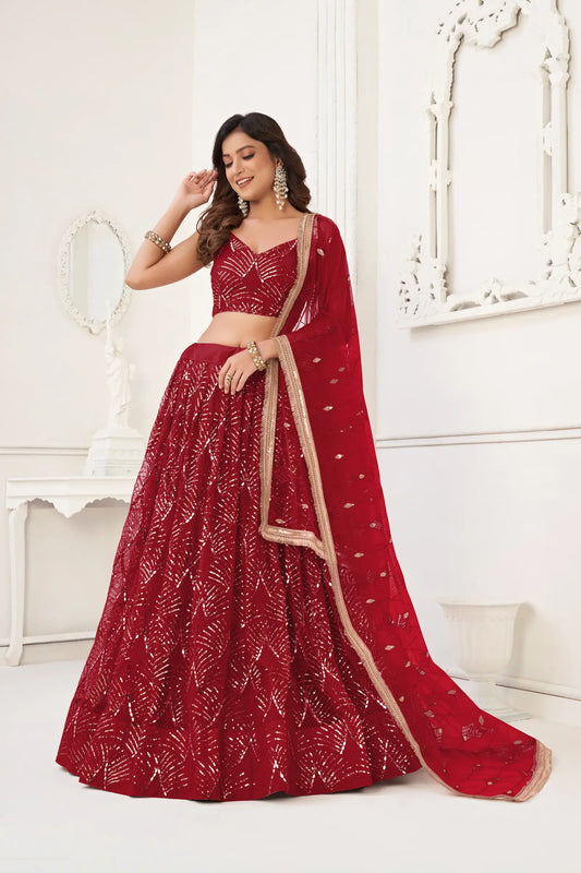 Maroon Net Lehenga Choli With Thread Work, Mirror Work & Sequence Embroidery Work