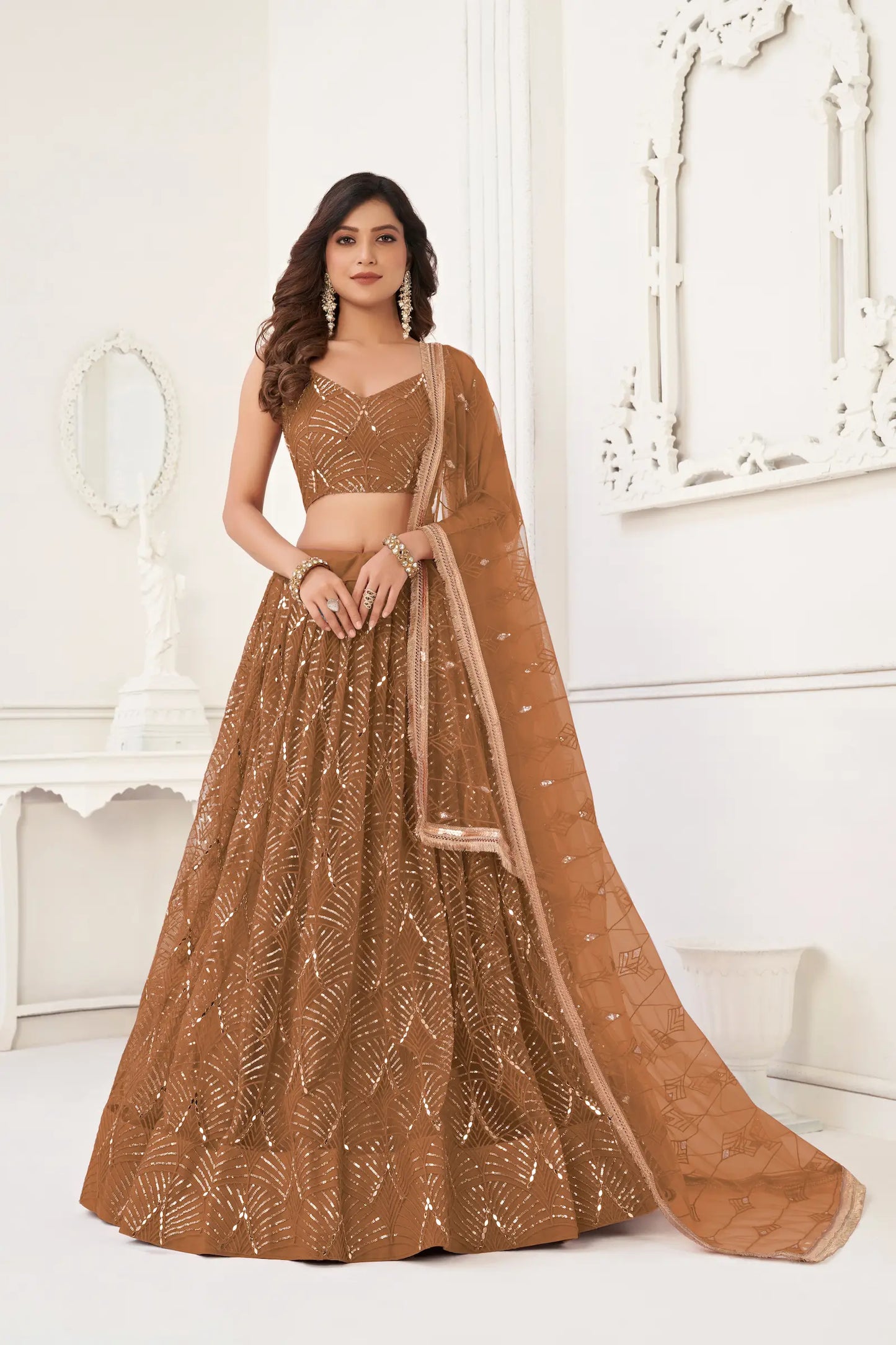 Brown Net Lehenga Choli With Thread Work, Mirror Work & Sequence Embroidery Work
