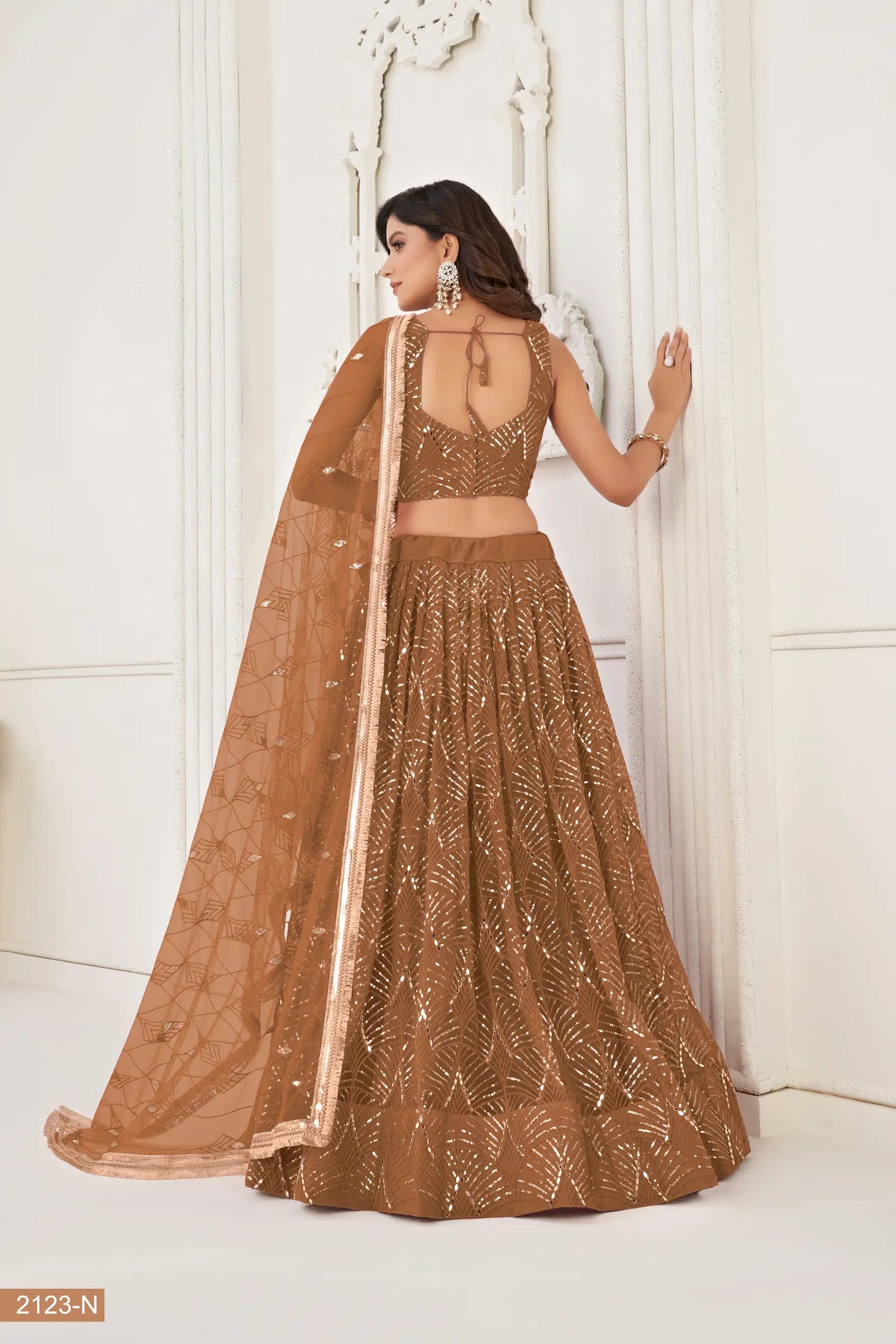 Brown Net Lehenga Choli With Thread Work, Mirror Work & Sequence Embroidery Work